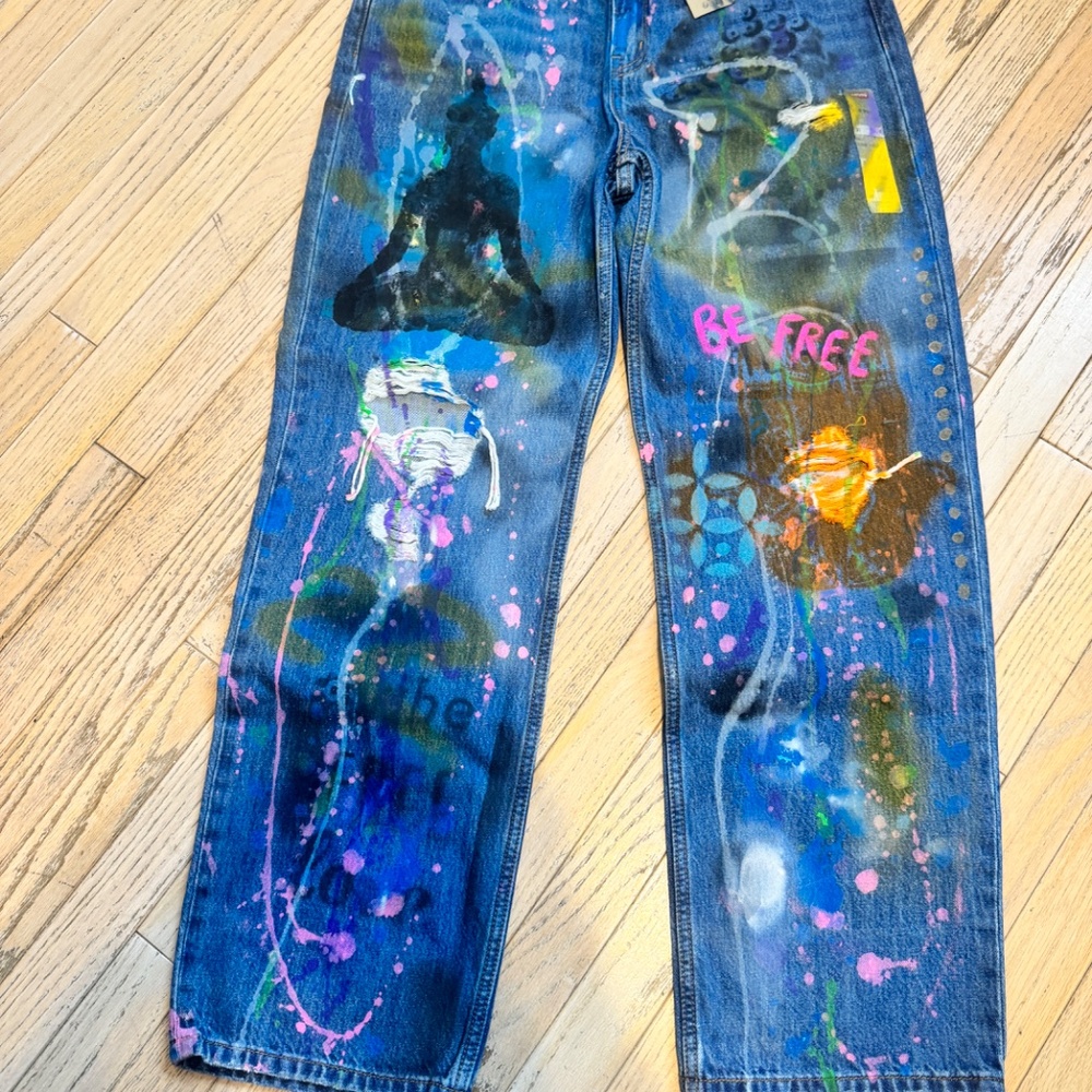 Paint-Splatter Straight Leg Jeans - Blue